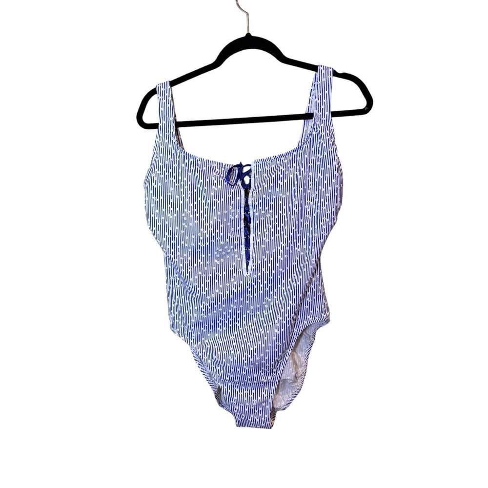 Fredericks of Hollywood One Piece Swimsuit Sz 20 Blue White Flower Lace Up Front